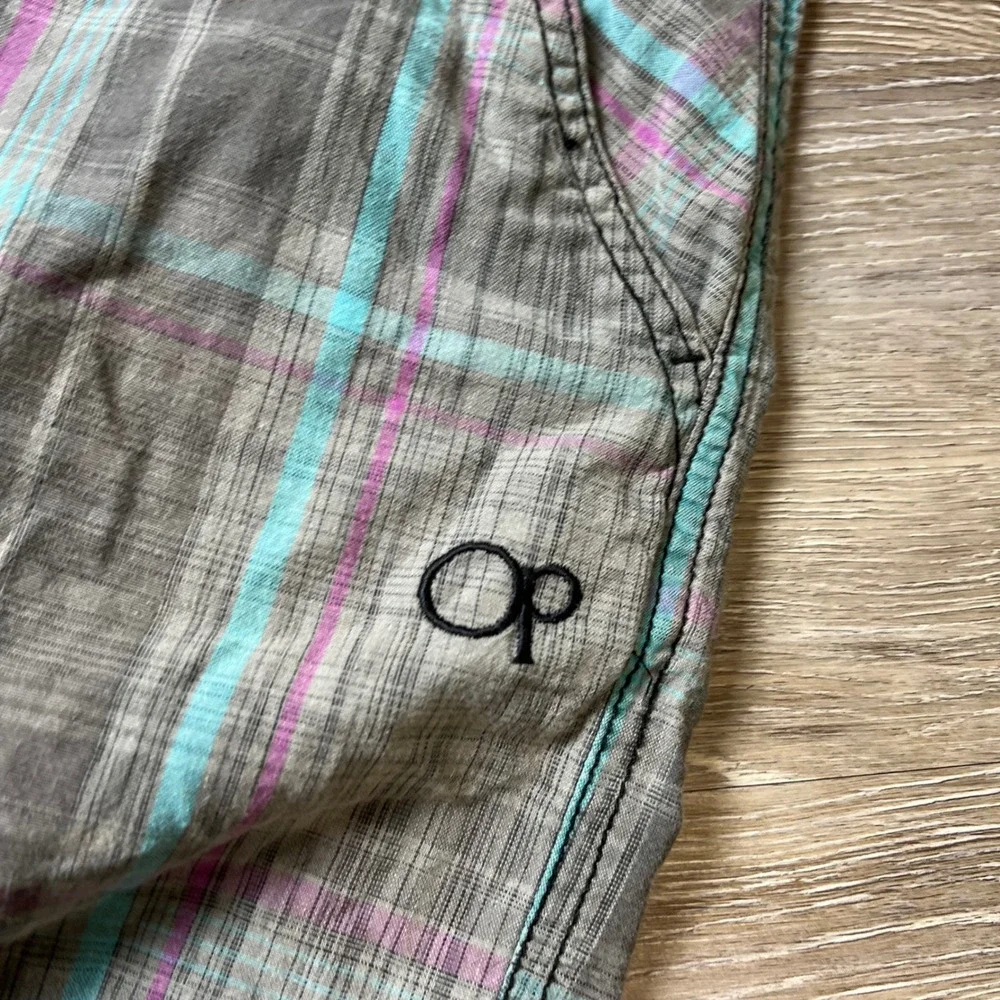 OP Plaid Shorts Mens 34 Grey Teal Purple Cotton Surf Skate Casual Board Shorts